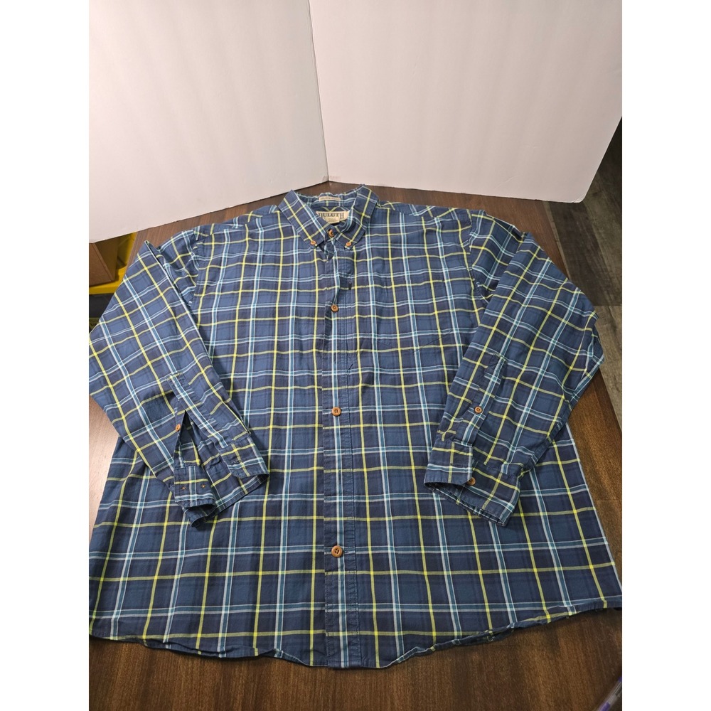 Duluth Trading Co Untucked Relaxed Fit Plaid Button Down Shirt Mens XL Blue